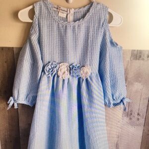 Charming Blue and White Kids Dress with Floral Details